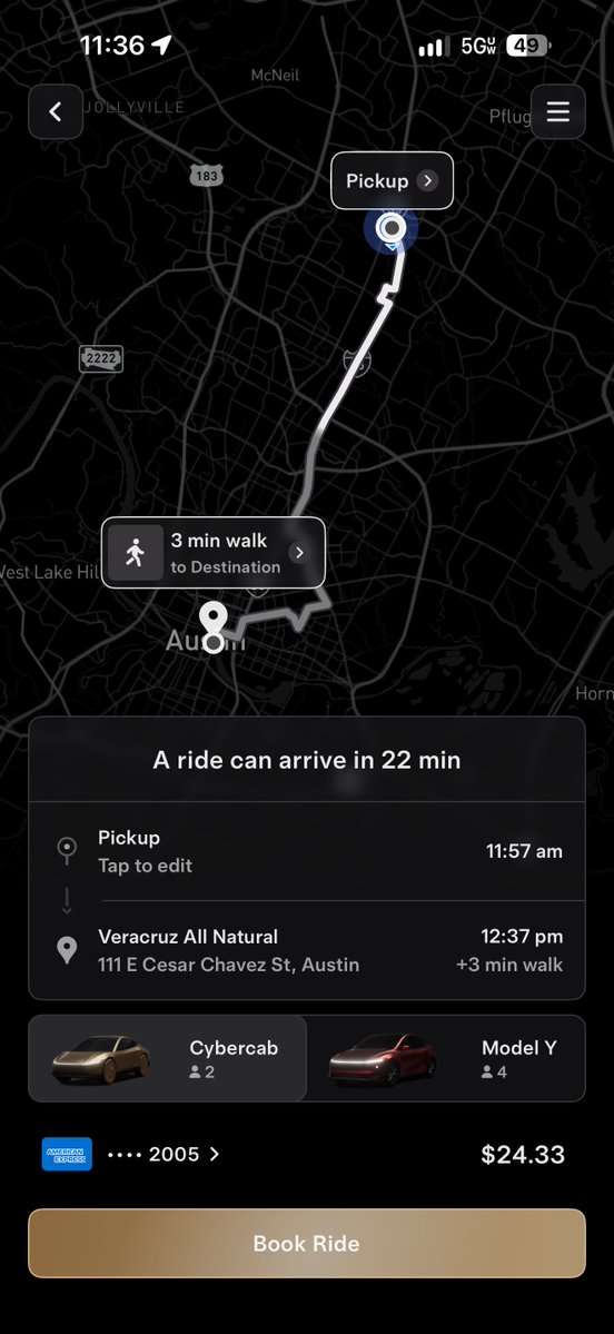 DavidMoss's tweet photo. Was thinking about taking a Cybercab to lunch today but the 20+ wait made me say no. 

Absolutely shocked it’s this high at the moment https://t.co/DYUP7tEmXW