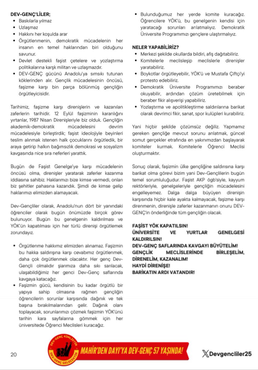 Devgencliler25's tweet photo. Dev-Genç Bülteni'nden:
Örgütlenme hakkımız elimizden alınamaz. Faşizmin bu hakka saldırısına karşı cevabımız örgütlenmek, daha çok örgütlenmek olacaktır. Her genç Dev-Gençli olmalıdır şiarımıza daha sıkı sarılacak, ulaşabildiğimiz her genci Dev-Genç saflarında kavgaya katacağız. https://t.co/t0bOWxezTQ