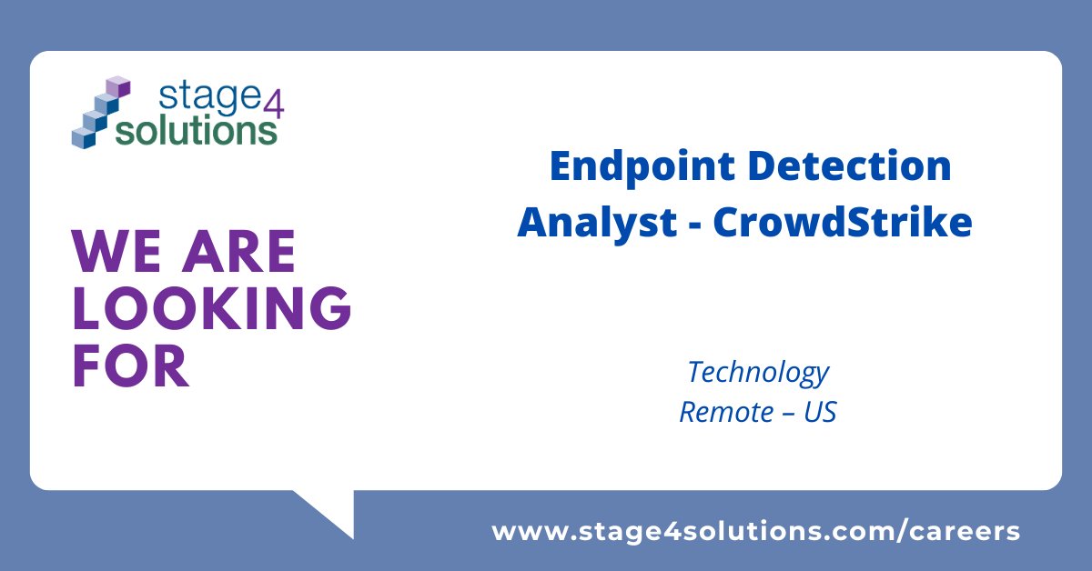 Stage4Solutions's tweet photo. Needed: Endpoint Detection Analyst - CrowdStrike (Remote, USA)
To learn more and to apply, please go to: https://t.co/p3m2uaPtOm (Please apply to the Endpoint Detection Analyst - CrowdStrike (Remote, USA)) role
#hiring
#careeropportunities https://t.co/8lcKZFpYv0