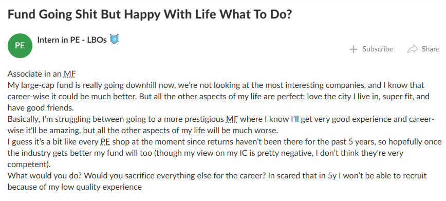 UnstructuredCap's tweet photo. What would you do?

> Associate at a Megafund

> Weak recent performance

> Life is perfect (Good city, healthy, great friends)

> Incompetent IC

Stick it out a little longer and love your life or try looking for something new? https://t.co/p38aUmu3KR