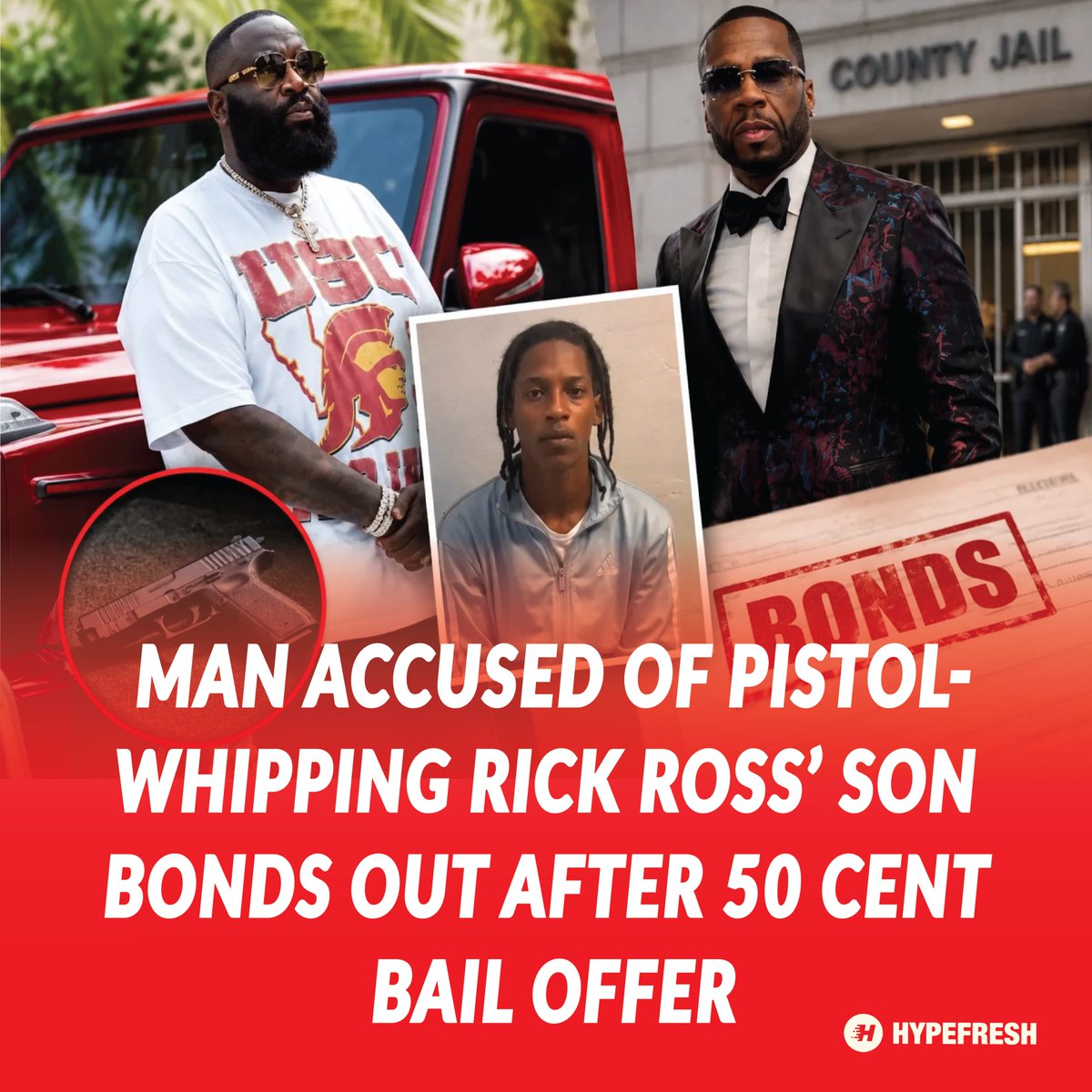 HypefreshC's tweet photo. A man accused of pistol-whipping Rick Ross’ son has been released on bond after 50 Cent reportedly offered to pay his bail. The case sparks fresh buzz! 

#RickRoss #50Cent #HipHopNews #CelebrityNews #RapNews 

https://t.co/a1zdPSSK45 https://t.co/OAnRGTIO6l