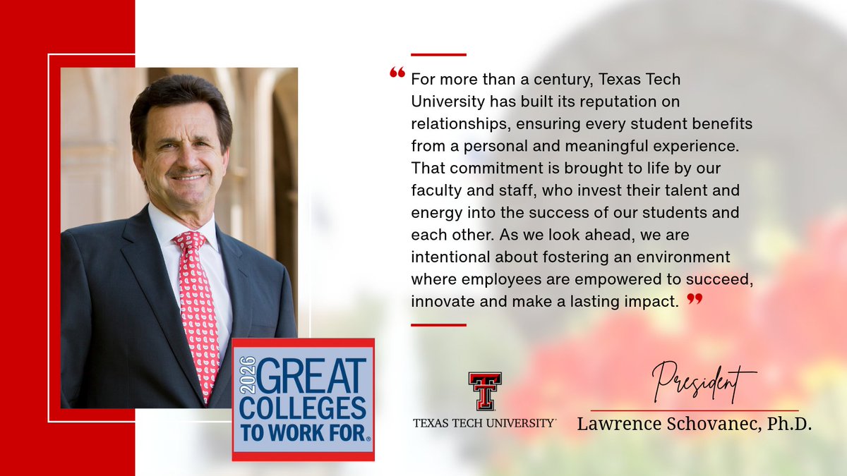 TTUSystem's tweet photo. Congratulations to @AngeloState and @TexasTech on being named among the 2026 Great Colleges to Work For®!
Recognized for the 14th and eighth time, respectively, Angelo State and Texas Tech continue to build workplaces where faculty and staff feel valued and supported.
We’re proud to celebrate these honors and the people across the Texas Tech University System whose dedication makes our universities exceptional places to work, learn and grow.
https://t.co/B7mFyh2RN2