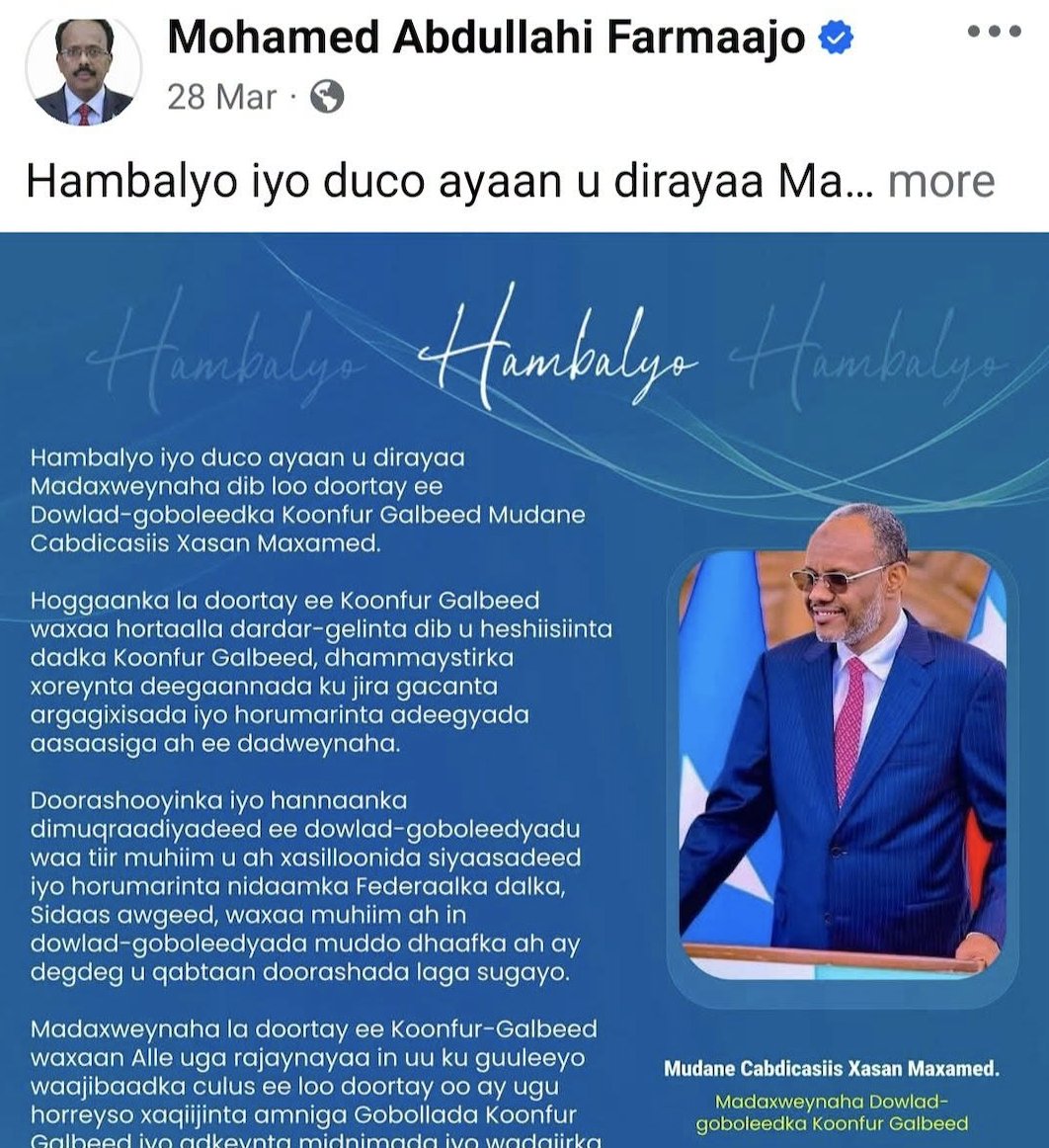 MohaAddow's tweet photo. @M_Farmaajo clashed with Jawaari, isolated Mohamed Mursal, and helped install Laftagareen amid bloodshed that left 13 dead. Roobow’s arrest added another chapter. His political record raises serious questions about his deep-seated hostility toward Maay speaking communities. https://t.co/KciDWlujrh