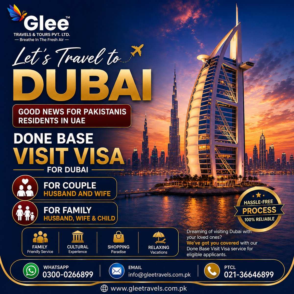OnuRAYATA's tweet photo. Dubai is calling! Planning a trip with loved ones? Glee Travels &amp; Tours offers Dubai visit visa assistance for eligible couples and families, with professional guidance and a smooth process. Contact: 0300-0266899 https://t.co/u0kV6U8bLE