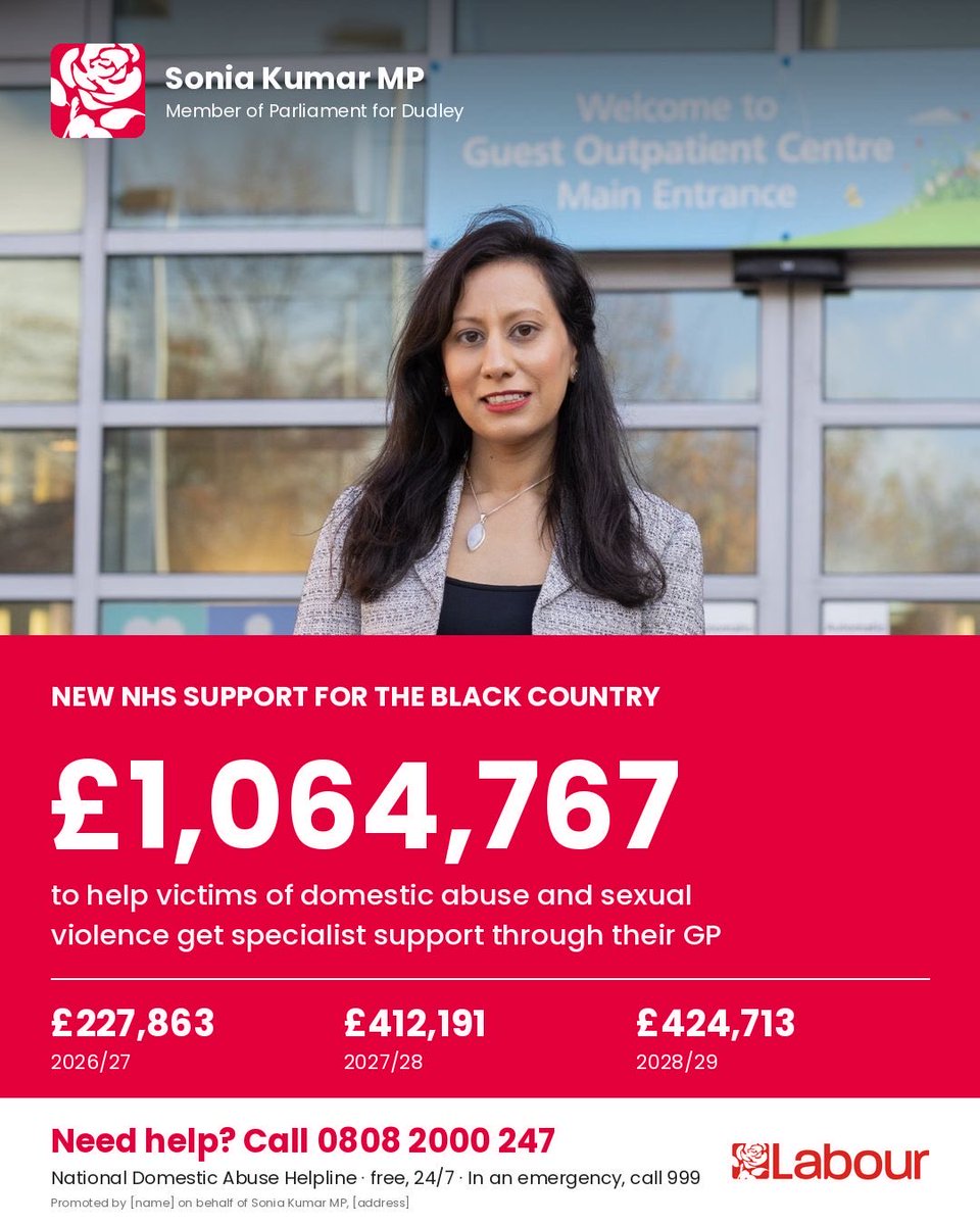 SoniaKumarMP's tweet photo. Over £1 million is coming to the Black Country so GP staff can spot the signs of abuse and refer victims straight to specialist help.

Many people already see their GP. Now that appointment can be a route to safety.

Need support? 0808 2000 247, free, 24/7.

#Dudley https://t.co/HcFGYWY7vl