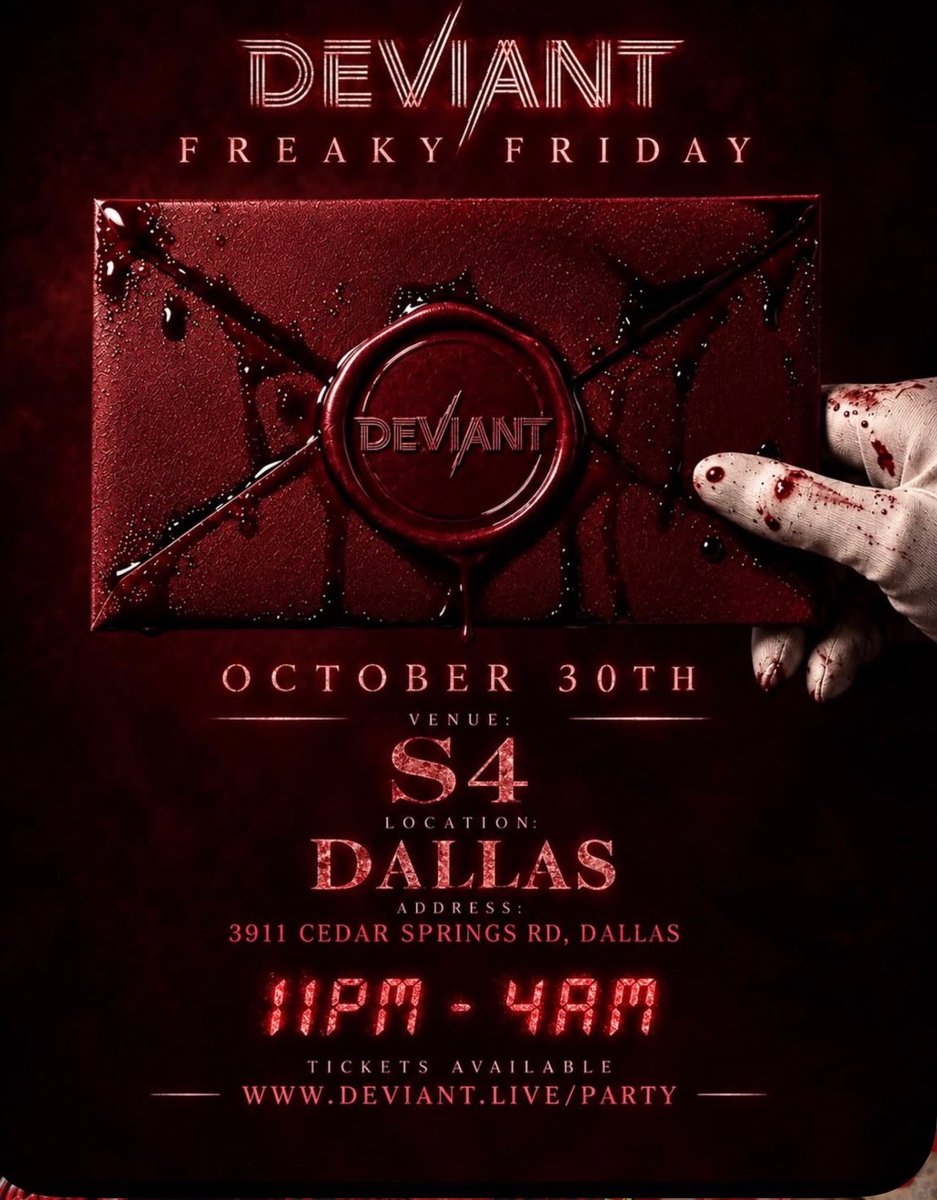 DeviantEvents's tweet photo. Dallas did you get the invite for Freaky Friday

Vibes By @apthout @djleftfield515 @brian_bk_keith 

Friday Oct 30 
⏰11pm-4am
📍S4

https://t.co/WfyS3m1nTb https://t.co/HxDO1B4mtp