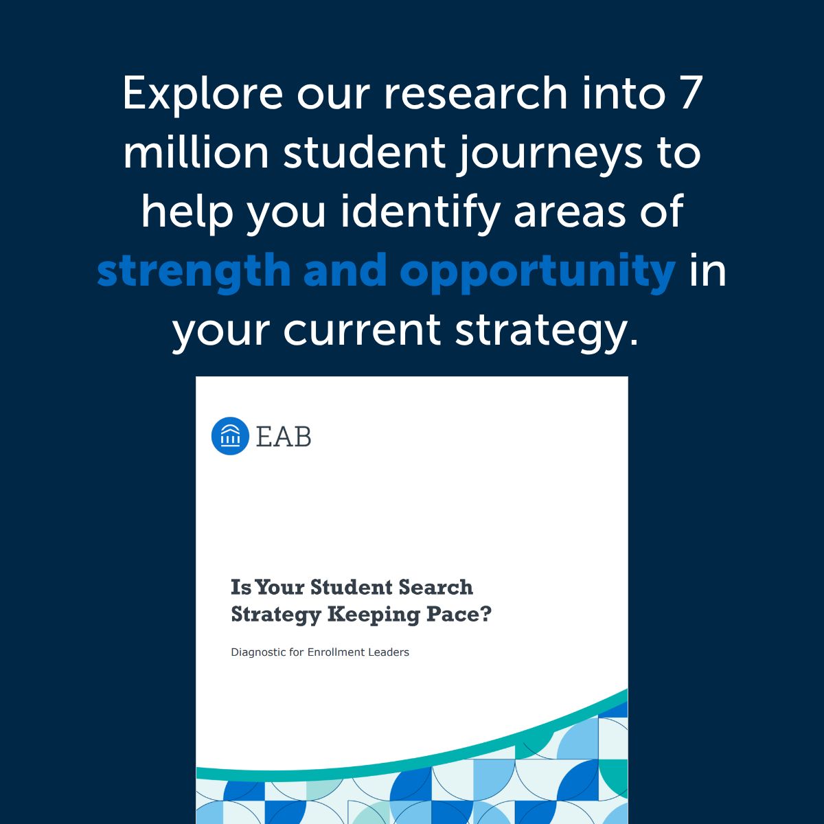 EAB's tweet photo. Most student recruitment efforts fall short in at least one of four specific areas. We analyzed 7 million student journeys and created this diagnostic to help you identify exactly where your student search strategy may be lagging behind the competition—and what you can do to address it.

Download the diagnostic: https://t.co/QKvRTCXjVK
#StudentRecruitment #EnrollmentMarketing #CollegeSearch #HigherEd