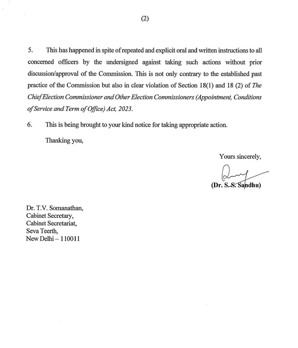 parasnsingh95's tweet photo. Here are two D.O. letters written by Election Commissioners S.S. Sandhu and Vivek Joshi to the Cabinet Secretary, complaining against EC official Maneesh Garg for issuing a work allocation order without consulting them. https://t.co/tMWVO8LIzW
