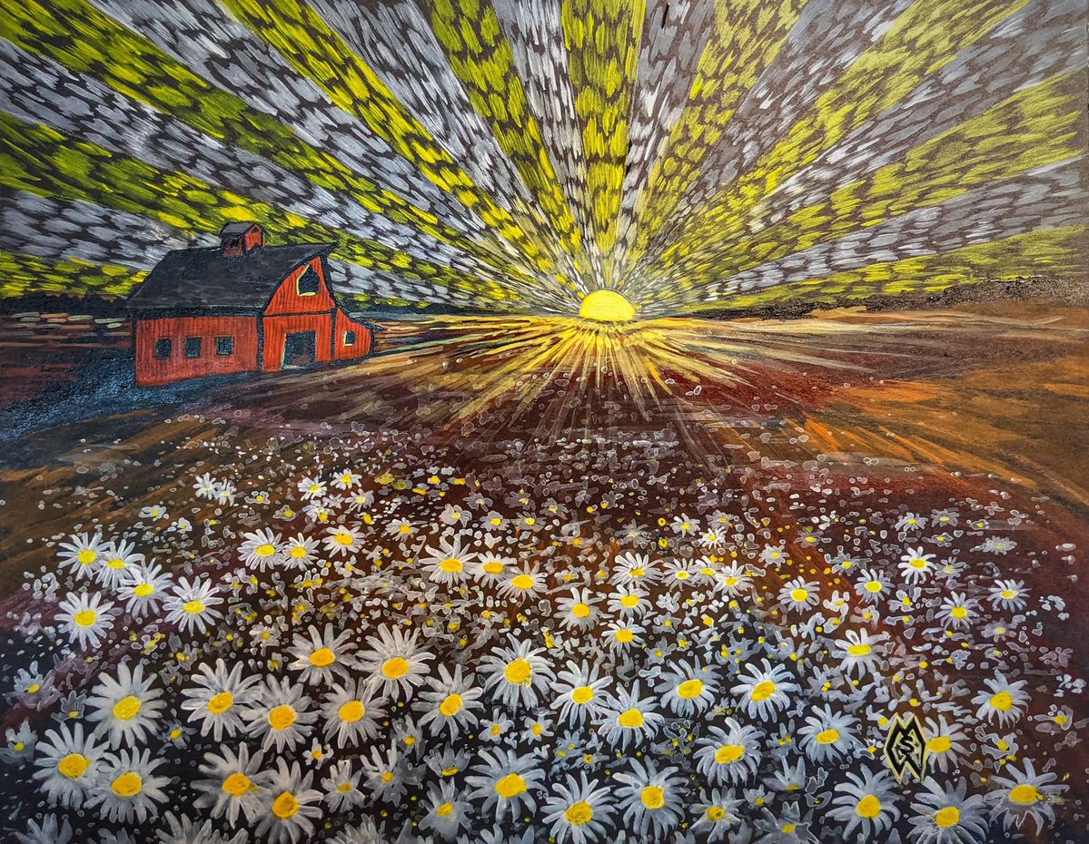 MattStarrFineA1's tweet photo. I used black paper to paint this field full of daisies near a barn at sunrise. I painted the sunrise on the horizon in a pop art style. https://t.co/8JGjRYrIGU
 .
#mattstarrfineart #daisyfield #daisies #farm #field #barn #sunrise #art #painting #tshirts https://t.co/bU1TNWoJEG