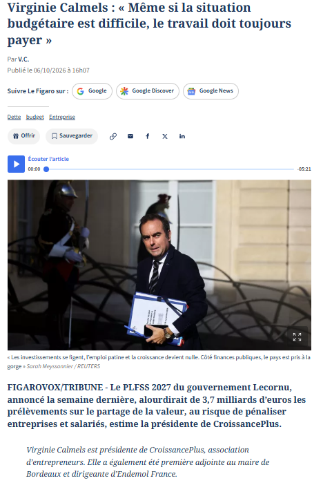 CroissancePlus's tweet photo. « Même si la situation budgétaire est difficile, le travail doit toujours payer. »
 
Notre présidente @VirginieCalmels prend la parole dans @Le_Figaro  sur le #PLFSS2027 et le partage de la valeur.
 
À lire ici 👇
https://t.co/HfSIAOMlUK https://t.co/Y6p034tMc6