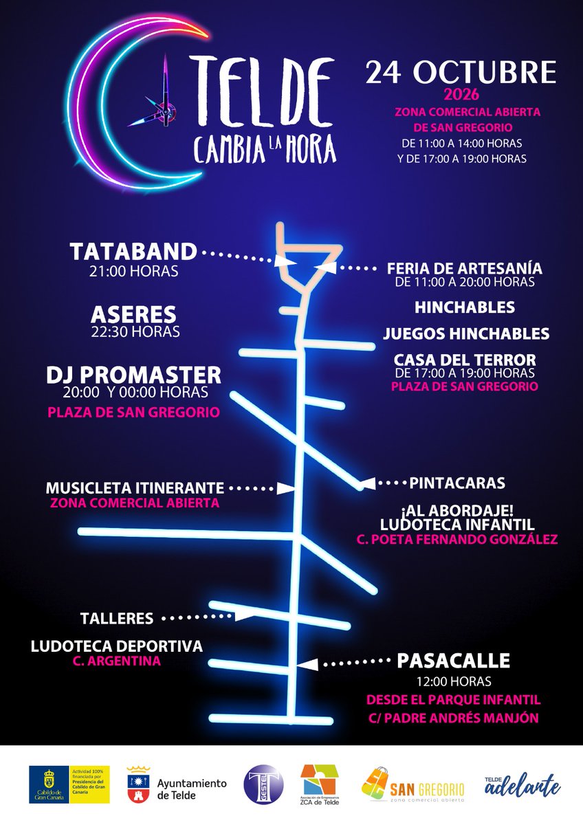 Ayun_Telde's tweet photo. 🎉🕒 ¡Este sábado Telde cambia la hora!

📍 San Gregorio

🛍️ Desde las 10h: ferias, talleres y actividades familiares.
🎶 Desde las 19h: Son de la Isla, DJ Promaster, Tataband y Aseres.

¡Comercio, diversión y música hasta la noche!

+info: https://t.co/R5QXCIVbCl https://t.co/5Vvml6NhWP