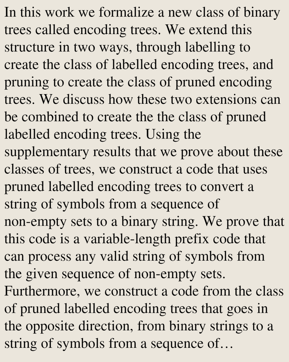 Encoding's tweet photo. Encoding Trees: A Method for Producing a Variable-Length Prefix Code From Sets of Arbitrary Size

Bryony H. Laporte, Karen Rudie
https://t.co/A0herkLVjv [𝚌𝚜.𝙸𝚃]
💬Submitted to IEEE Transactions on Information Theory https://t.co/0ZGRI8KUMr
