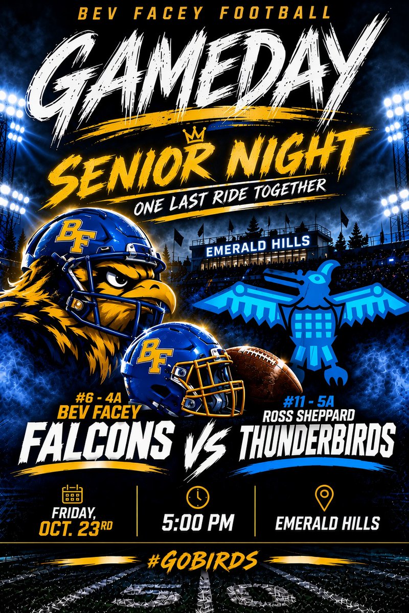 AtkinsonBr41665's tweet photo. 🏈 ONE GAME LEFT. BIG GOALS AHEAD. 🦅💙💛

Two weeks of preparation coming off the bye. One final regular-season game. And a lot still to play for.

This Friday, our #6-ranked 4A Bev Facey Falcons take on the #11-ranked 5A Ross Sheppard Thunderbirds at 5 PM at Emerald Hills.

It’s also SENIOR NIGHT. To all our graduating seniors (@GradyMalo_6 @HCharron2 @Deshawn28606021 @EthanCShirley)— thank you for the battles, memories, and lessons along the way. It’s been an honour sharing this journey with you. Wishing each of you nothing but success in your next chapter. Once a Falcon, always a Falcon! 💙💛

We’ve secured 3rd place in our division and clinched a playoff spot, but we’re not done. We’re chasing bigger goals, and Friday is another opportunity to prove what this team is capable of.

As a captain, I know what it takes: trust your teammates, do your job, and bring it every snap. The work isn’t finished. The mission isn’t over. 🔨

📍 Friday, October 23 | 5 PM | Emerald Hills
2028 OL (C/OT) / DT | 6'2" | 270 lbs
⭐ Bev Facey Senior Team Captain (2026/27)
⭐ Team Alberta U17 Starting LT (2026)
🏆 CDMFA Lineman of the Year (2026)
🏆 RAW Elite Camp Best Junior OL (2026)
🏆 Bev Facey O-Lineman of the Year (2025/26)
⭐ Team Alberta U16 Starting C (2025)
📍 Bev Facey HS | Alberta, Canada 🇨🇦

Earn every snap. Earn the next opportunity.
#FootballRecruiting #2028Recruit #OffensiveLine #DefensiveLine #GoBirds