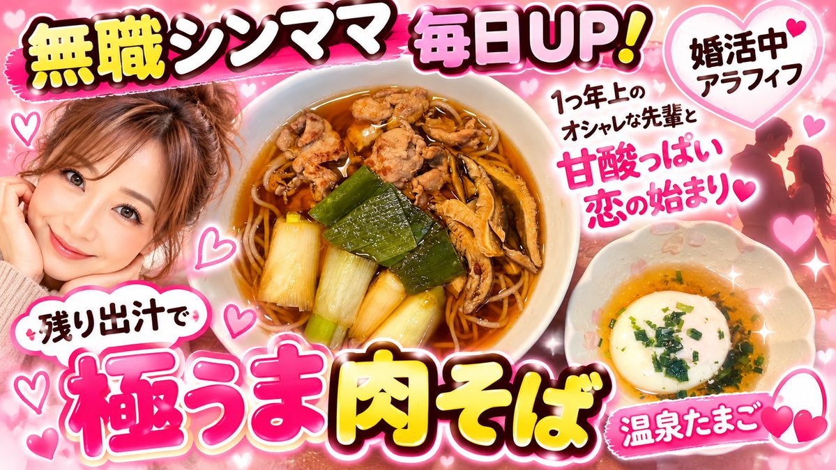 Tomako7koj's tweet photo. 🍜無職シンママ毎日UP💕

昨日の残り出汁で極うま肉そば＆温泉たまご🥚❤️

今日の恋バナは…
1つ年上のオシャレな先輩との甘酸っぱい恋の始まり🤣💘

続きはYouTubeで🥰

Pork Soba &amp; Sweet Love Story💕

#無職シンママ #肉そば #恋愛話 #JapaneseVlog #LoveStory https://t.co/YviRsRWQZ7