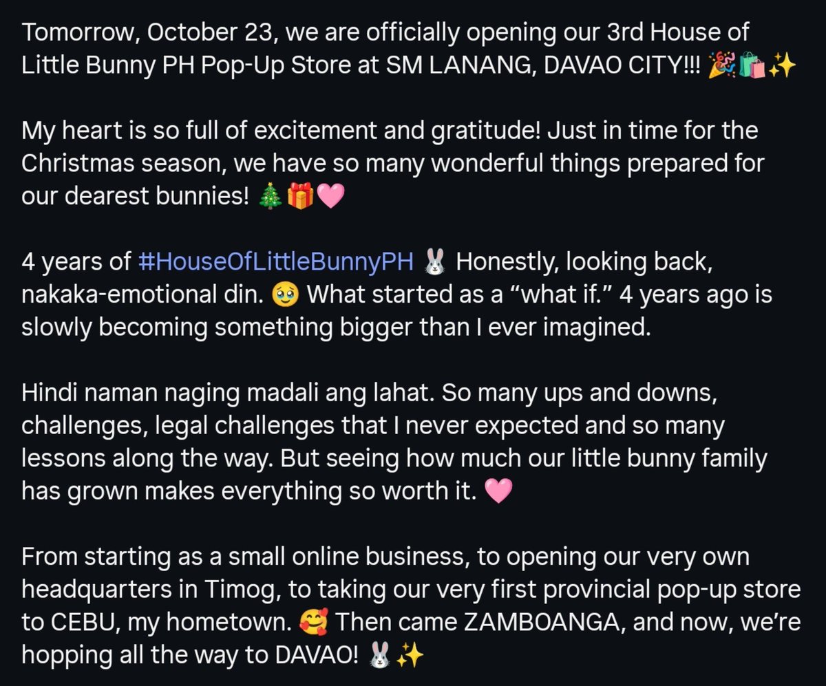 _jeheyniii's tweet photo. Kimmyyyy 🥹😭🫂 Congratulations agad-agad on your SM Lanang, Davao pop-up store and all the upcoming ones! You've worked so hard for your baby business, so you deserve all of these and more 🥹

We love you, Kimmyyyy! 🩷

Get ready, Bunnies! 🐰✨ The House of Little Bunny PH pop-up store at SM Lanang, Davao launches tomorrow, October 23, 2026! ✨🩷

#HOLBPH #HouseOfLittleBunnyPH
