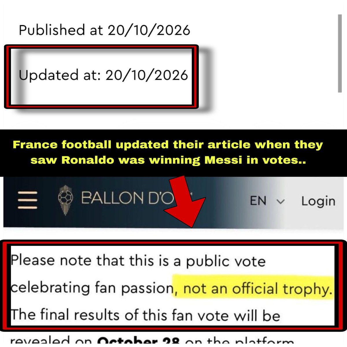 cagiago_'s tweet photo. They added “not an official trophy” to the Ballon d’Or of all time after seeing Messi is losing.

Ronaldo is STILL fighting these corrupt institutions. https://t.co/s12ZagxDuG