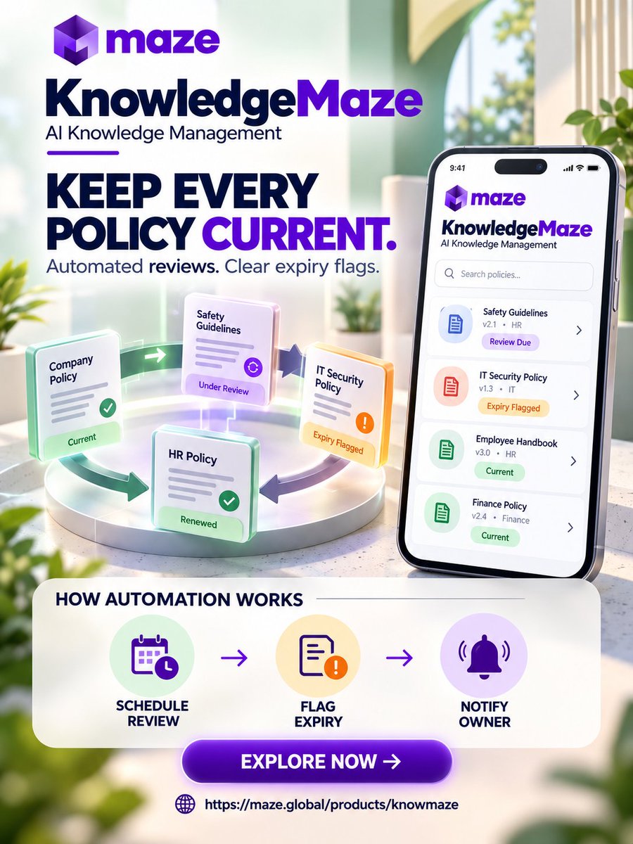 infomazeglobal's tweet photo. Outdated policies? Not on your watch. ๐ Schedule reviews, flag expiries, and notify document owners automatically.
Explore now: https://t.co/oBSEMEGDH7
#KnowledgeMaze #AI #Compliance #WorkflowAutomation #DocumentManagement #MazeGlobal https://t.co/6PnmU0dzgY
