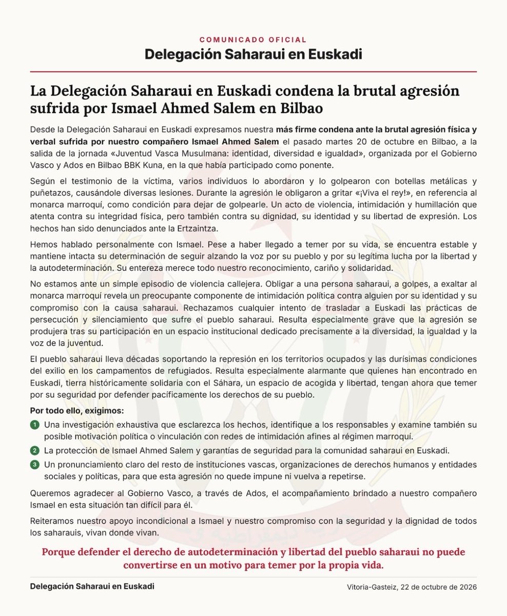 RASD_Euskadi's tweet photo. 𝗖𝗢𝗠𝗨𝗡𝗜𝗖𝗔𝗗𝗢 𝗗𝗘 𝗟𝗔 𝗗𝗘𝗟𝗘𝗚𝗔𝗖𝗜𝗢́𝗡 𝗦𝗔𝗛𝗔𝗥𝗔𝗨𝗜 𝗘𝗡 𝗘𝗨𝗦𝗞𝗔𝗗𝗜

𝗦𝗔𝗛𝗔𝗥𝗔𝗞𝗢 𝗢𝗥𝗗𝗘𝗭𝗞𝗔𝗥𝗜𝗧𝗭𝗔𝗥𝗘𝗡 𝗔𝗗𝗜𝗘𝗥𝗔𝗭𝗣𝗘𝗡𝗔 𝗘𝗨𝗦𝗞𝗔𝗗𝗜𝗡

 بيان التمثيلية الصحراوية في إقليم الباسك https://t.co/wc0pp8AgLg