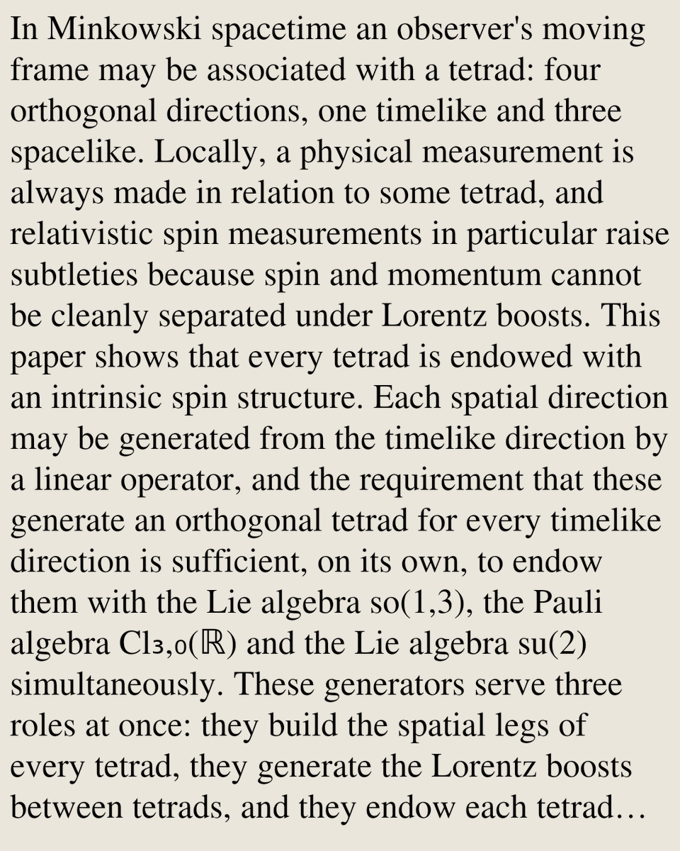 PhysicsPaper's tweet photo. Tetrads and their intrinsic spin structures

Tony Lyons
https://t.co/h2ZIKW5VTR [𝚙𝚑𝚢𝚜𝚒𝚌𝚜.𝚐𝚎𝚗-𝚙𝚑] https://t.co/y8vn9U3QYN