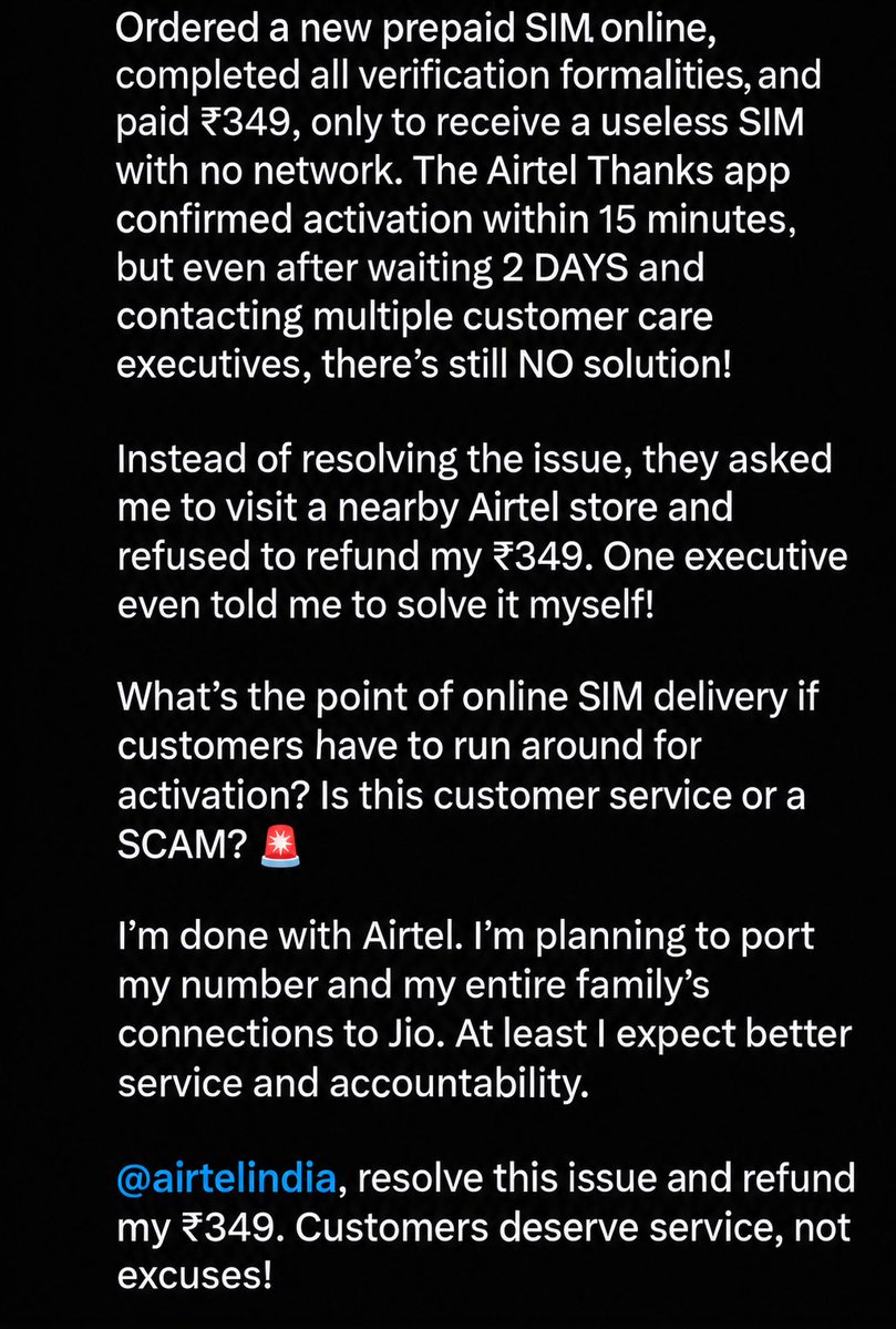 samansari018's tweet photo. Disappointed with @airtelindia! 🤬

Nice joke to cod sim delivery system and logic lol🤡🤡

#Airtel #AirtelScam #CustomerService #RefundMyMoney #ConsumerRights #Jio https://t.co/Q8wKtBbGnP