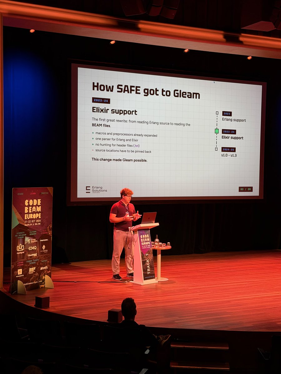 CodeBEAMio's tweet photo. SAFE, the security audit tool from Erlang Solutions, already speaks Erlang and Elixir. Robert Fiko is on Track 1 with what it took to teach it Gleam: 'Same Runtime, Different Language'.
#CodeBEAM #Gleam https://t.co/mUOT5OwhGD