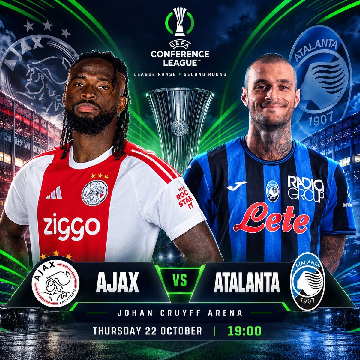 FTextraTime's tweet photo. Ajax look to respond on Matchday 2 after a 2–1 opening-round loss to Hajduk Split, while Atalanta travel to Amsterdam following their 3–1 win over Pafos FC.
#AJAXATA #UECL #ConferenceLeague https://t.co/bpoI1NfhHT