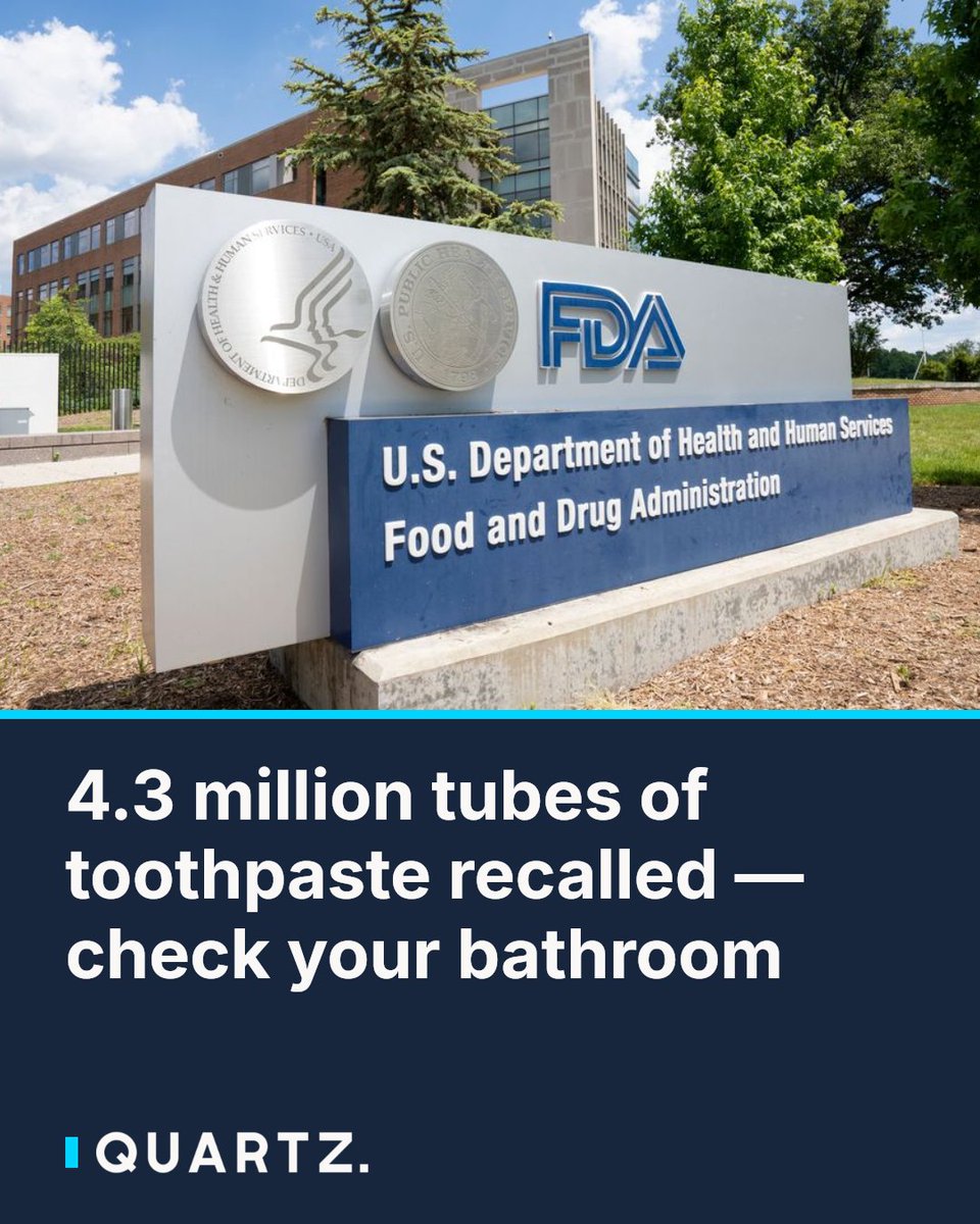 qz's tweet photo. 4.3 million tubes of toothpaste recalled โ check your bathroom
The FDA flagged a Class II recall of over 4.3 million toothpaste tubes across brands like Brush Buddies, evo, and ARU due to manufacturing violations โ and some popular kid
#ToothpasteRecall #BrushBuddies #FDARecall https://t.co/RswAvv9gi9