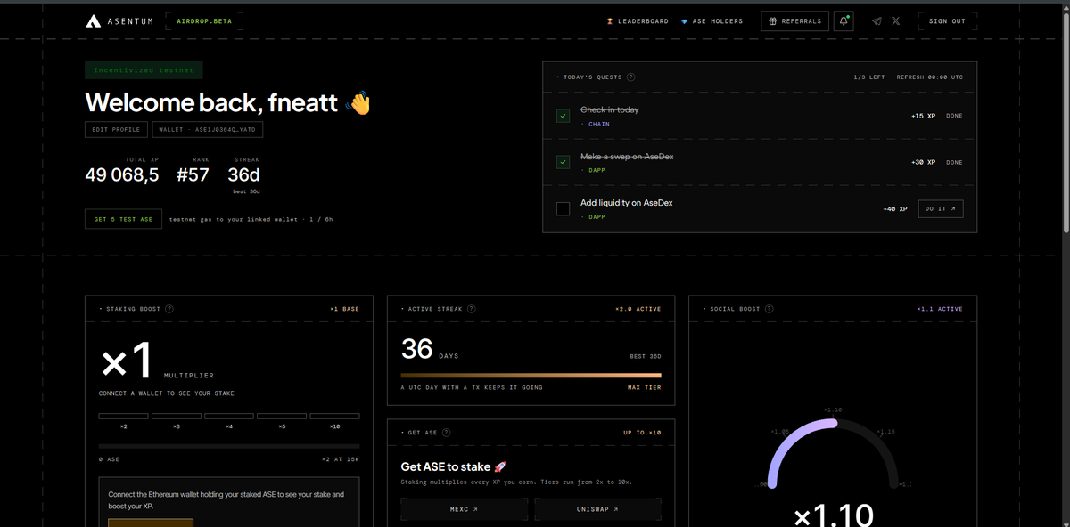 fneatten's tweet photo. @Asentum 
🚀 49K XP, rank #57 and a 36-day streak on Asentum 🔥

Still grinding the testnet and stacking XP. Who else is farming? 👀

Join through my referral and start your journey with Asentum 👇
🔗
#Asentum #Web3 #Crypto #Testnet #Airdrop https://t.co/gC4qKeK0Ry
