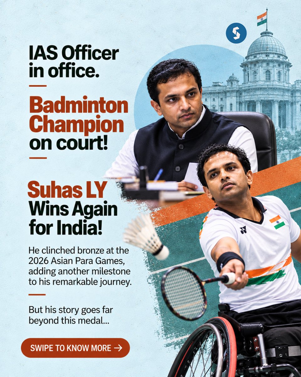 Secretariat_in's tweet photo. IAS officer by profession, champion on court! Suhas LY bags bronze at the 2026 Asian Para Games, proving determination knows no limits.

#SuhasLY #AsianParaGames2026 https://t.co/h5k9ZJWDK2