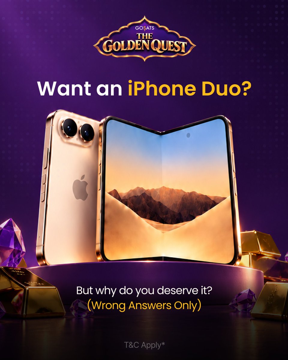 gosatsapp's tweet photo. iPhone Duo, PS5, Apple Watch, AirPods.... 👀

Just some of the GRAND PRIZES in the GoSats Golden Quest. Everyone gets a reward. 🎁

Let us know Why YOU deserve the iPhone Duo?

WRONG ANSWERS ONLY 🤪

Quote this with #TheGoldenQuest.

Your Gold Chest quest awaits in the GoSats app.

Quest active for the next 7 days!

T&C Apply