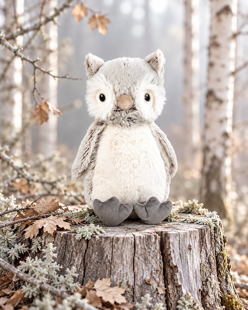 DesignsMon's tweet photo. NEW! 🤍 With his large, embroidered eyes full of gentle charm, Ollie Owl is always keeping watch over the nursery. His thick, fluffy two-tone grey and cream fur gives him a soft, cozy, cloud-like look, while his wings and floppy feet add a touch of playful personality. https://t.co/kBHTDDLJio