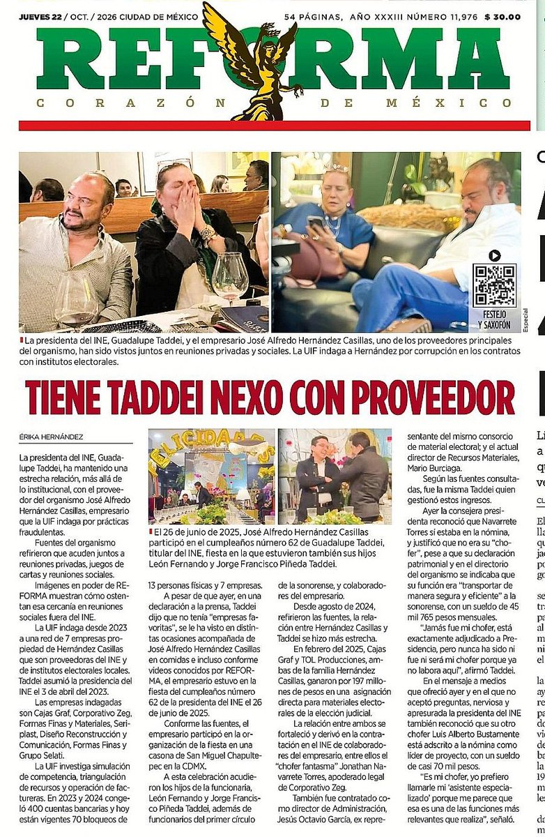 Melissa_Bely's tweet photo. 🚨 VERGONZOSO

Taddei dice que no tiene "empresas favoritas", pero Reforma la muestra en comidas, juegos de cartas y hasta en su cumpleaños 62 con José Alfredo Hernández Casillas, proveedor del INE al que investiga la UIF

Ah, y a su chofer lo llama "asistente especializado".

Qué bonito es el árbitro electoral.