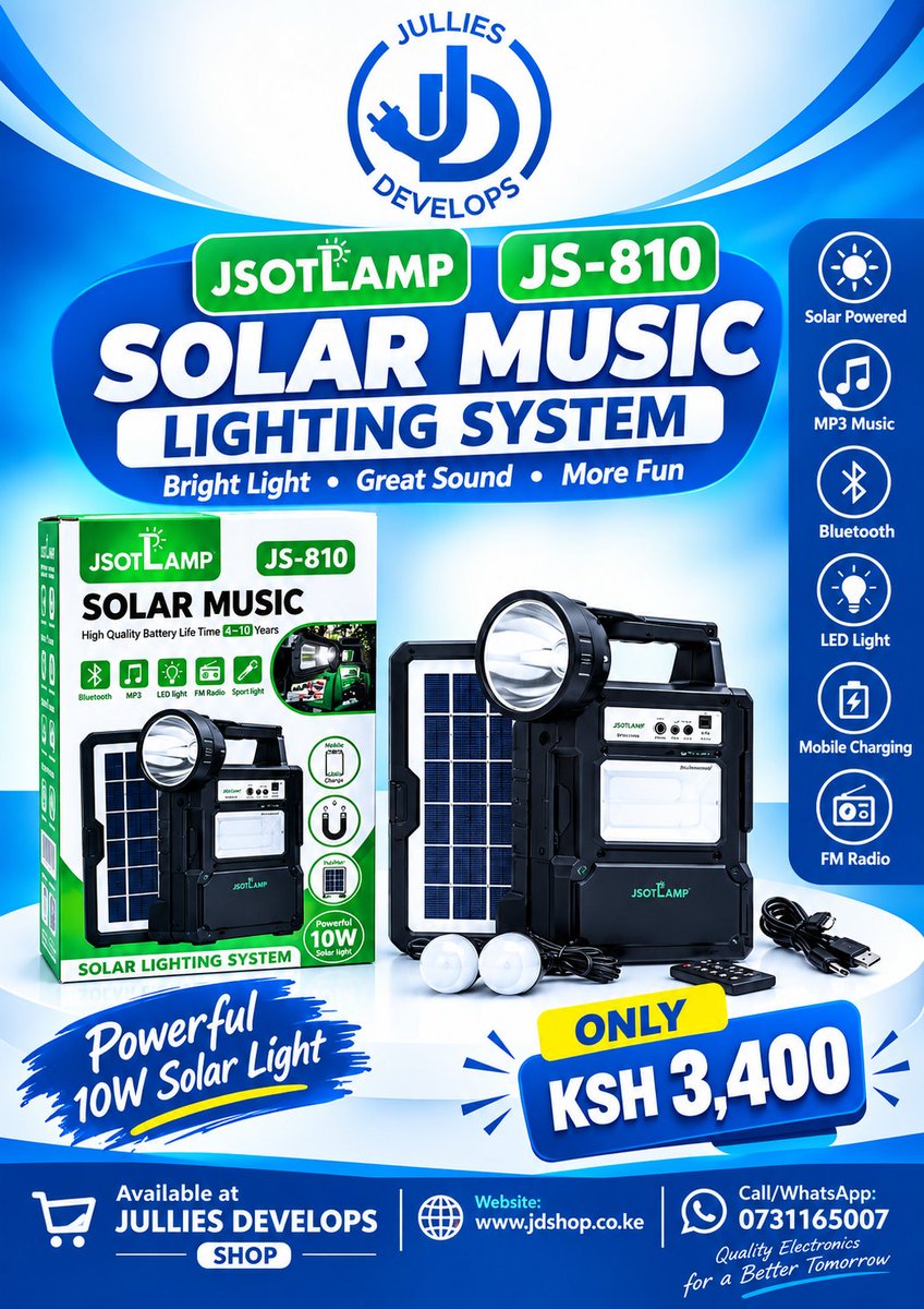 Julliesdevg5k6's tweet photo. ☀️🔊 LIGHT UP YOUR WORLD WITH THE JSOTLAMP JS-810 SOLAR MUSIC LIGHTING SYSTEM! 🔊☀️
🌐 Website: https://t.co/29RaWrVG1U
📞 Call/WhatsApp: 0748273694
#JSOTLAMP #JS810 #SolarLighting #SolarPower #SolarMusicSystem #SolarLight #Bluetooth #ElectronicsKenya #AffordableElectronics https://t.co/oekbnQD4Pi