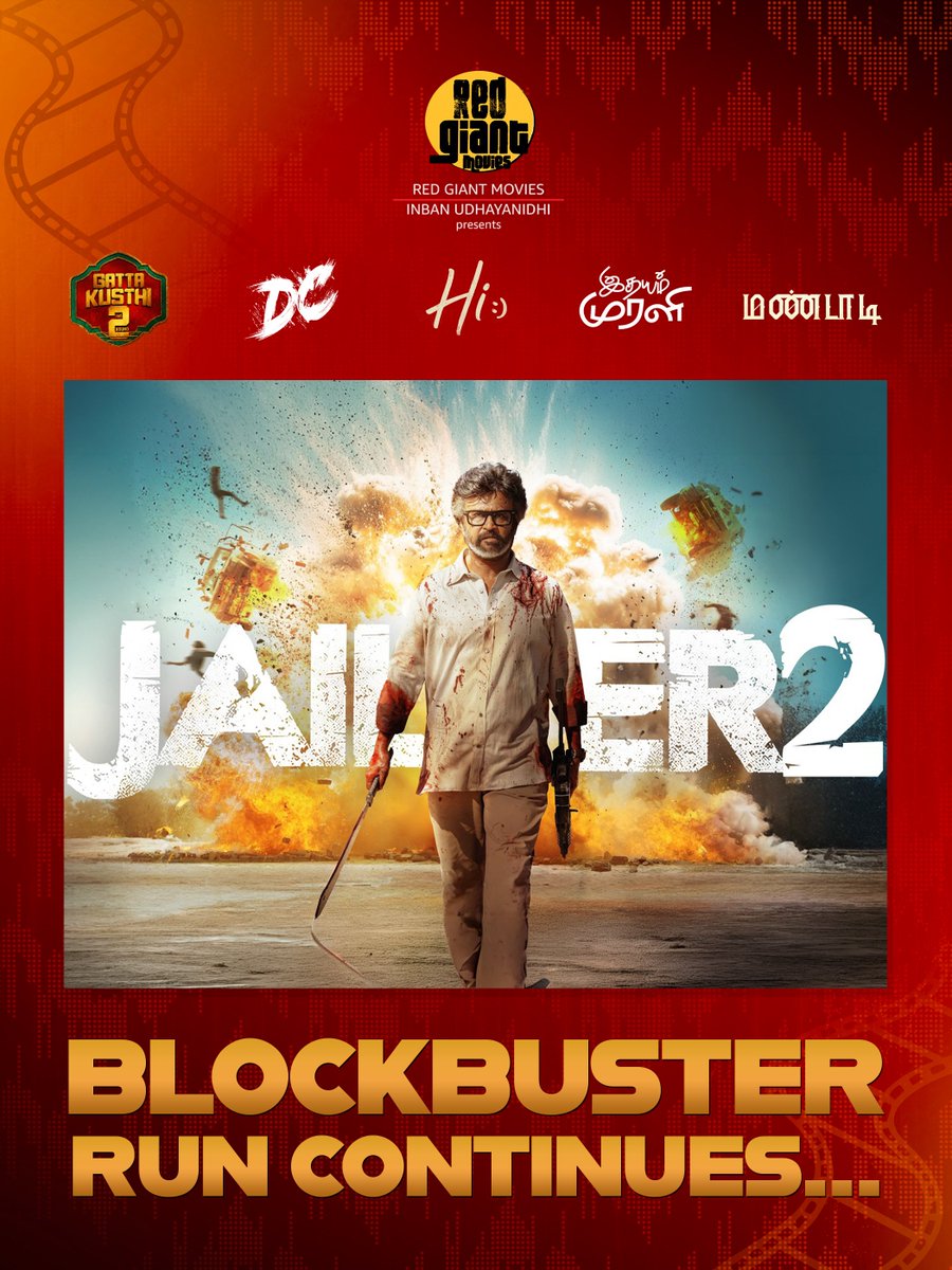 RedGiantMovies_'s tweet photo. The Winning Streak That Just Keeps Getting Bigger! 🔥

An unstoppable run, crowned by an Industry Hit! 💥❤️‍🔥

#RedGiantMovies #Jailer2 #Mandaadi #IdhayamMurali #GattaKusthi2 #Hi #DCMovie https://t.co/dHK5h8XT7S