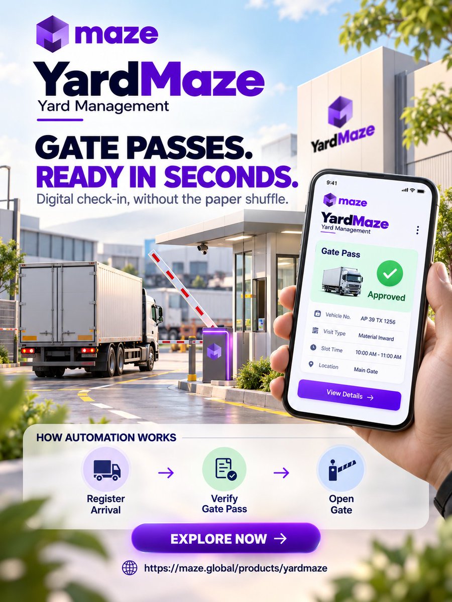 infomazeglobal's tweet photo. Less paperwork at the gate. More flow in the yard. ๐ Register arrivals, verify digital passes, and simplify vehicle entry.
Explore now: https://t.co/oBSEMEGDH7
#YardMaze #YardManagement #LogisticsTech #DigitalGatePass #SupplyChain #MazeGlobal https://t.co/hsEmUN3v22