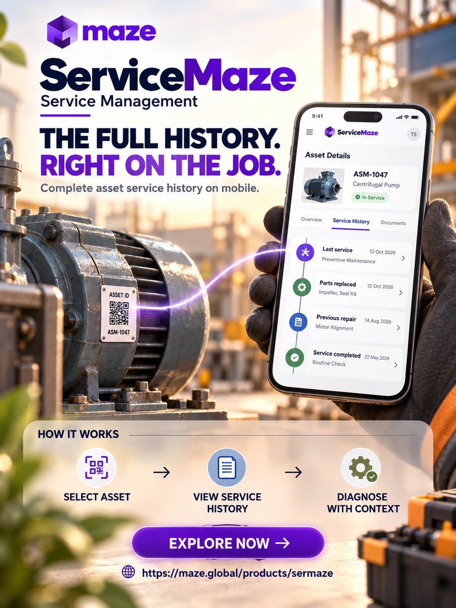 infomazeglobal's tweet photo. The right service starts with the full history. ๐ง View asset repairs, replaced parts, and maintenance records directly on mobile.
Explore now: https://t.co/oBSEMEGDH7
#ServiceMaze #FieldService #AssetManagement #MaintenanceTech #WorkOrders #MazeGlobal https://t.co/ZlpJRwprx2