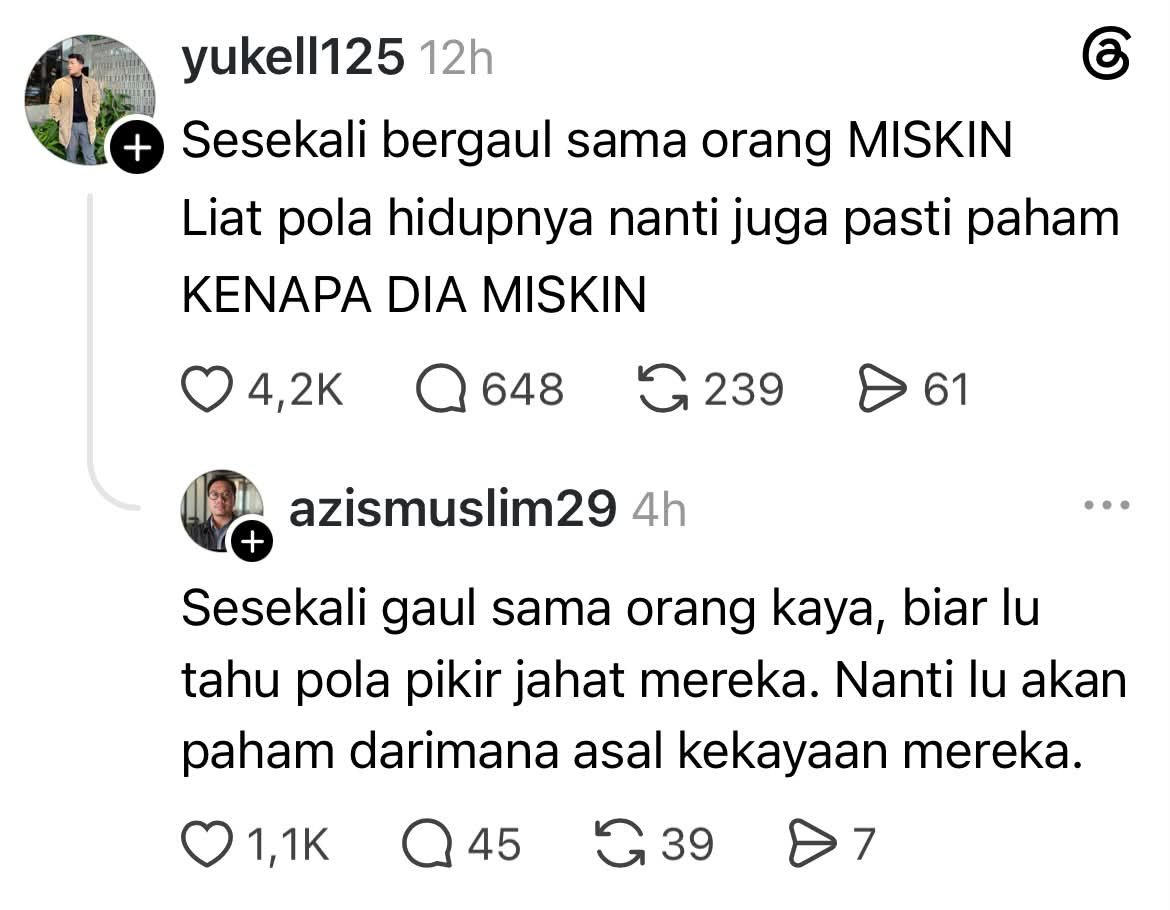Smash1014314's tweet photo. 1. Pernah bergaul sama orang yang mengalami kemiskinan struktural. Orangnya rajin belajar dan kerja, tapi hidupnya kayak nggak bisa maju ke mana-mana karena belum dapat kesempatan besar. Belum lagi terus-terusan ditekan keluarga dari segala arah.

2. Pernah bergaul sama orang miskin yang nggak tahu diri. Dapat uang seminggu sekali, tapi begitu uangnya ada malah dipakai buat beli narkoba.

3. Pernah bergaul sama orang kaya yang dari bangun subuh sampai kapan pun selalu sibuk membantu orang-orang yang membutuhkan, di mana pun dan kapan pun.

4. Pernah bergaul sama orang kaya yang jahat, korupsi sampai Rp1 triliun, dan selalu mencari cara buat memeras orang lain.
