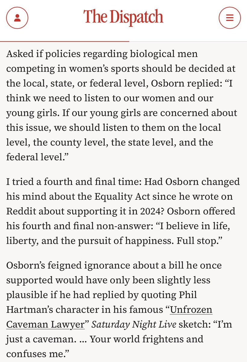MichaelRWarren's tweet photo. Absolutely brutal interview of independent (but supported by Democrats) Nebraska Senate candidate Dan Osborn by @McCormackJohn @thedispatch. Read the whole thing. 

https://t.co/Qc0RfMh0Rg https://t.co/xobKM7iGcm