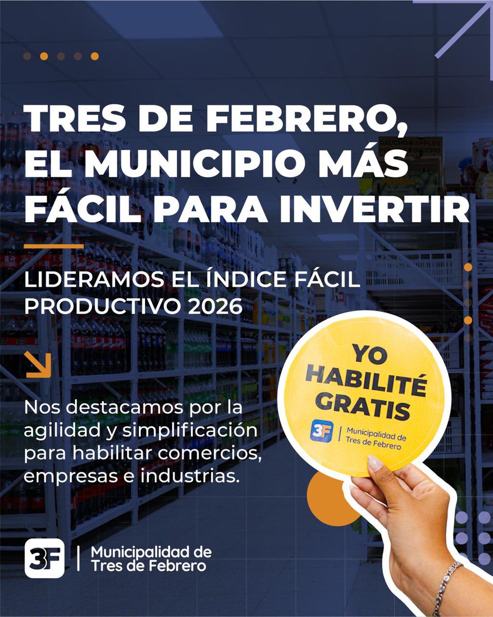 produccion3f's tweet photo. TRES DE FEBRERO, EL MUNICIPIO MÁS FÁCIL PARA INVERTIR

🟤Lideramos el Índice Fácil Productivo 2026.

🔵Nos destacamos por la agilidad y simplificación para habilitar comercios, empresas e industrias.

🟢Sí querés venir a invertir y dar trabajo, #TresDeFebrero te abre las puertas. https://t.co/NrLQKwROzE
