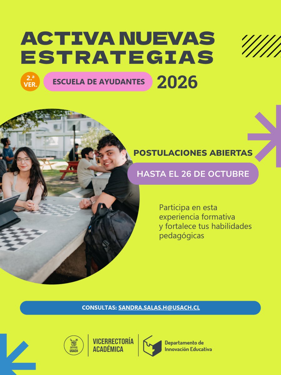 VRAUSACH's tweet photo. 📅 ¡Plazo extendido! Postula a la Escuela de Ayudantes 2026 hasta el 26 de octubre.

📚 Si realizas una ayudantía, postula a esta experiencia formativa con talleres prácticos y acompañamiento.
⚠️ Cupos limitados.

🔗https://t.co/Z0VdU335hh https://t.co/hoZehPX9uc