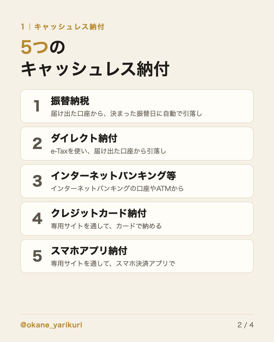 okane_yarikuri's tweet photo. 【図解】国税は、窓口のほかにも納め方がある

口座からの引落し、カード、スマホ決済、コンビニ。国税庁が案内している「選べる納付手段」を4枚にまとめました。

・キャッシュレス5つと、それ以外3つ
・ダイレクト納付の始め方

納期限が来る前に、一度ながめておくと選びやすくなります。 https://t.co/wO3CFFdKaJ
