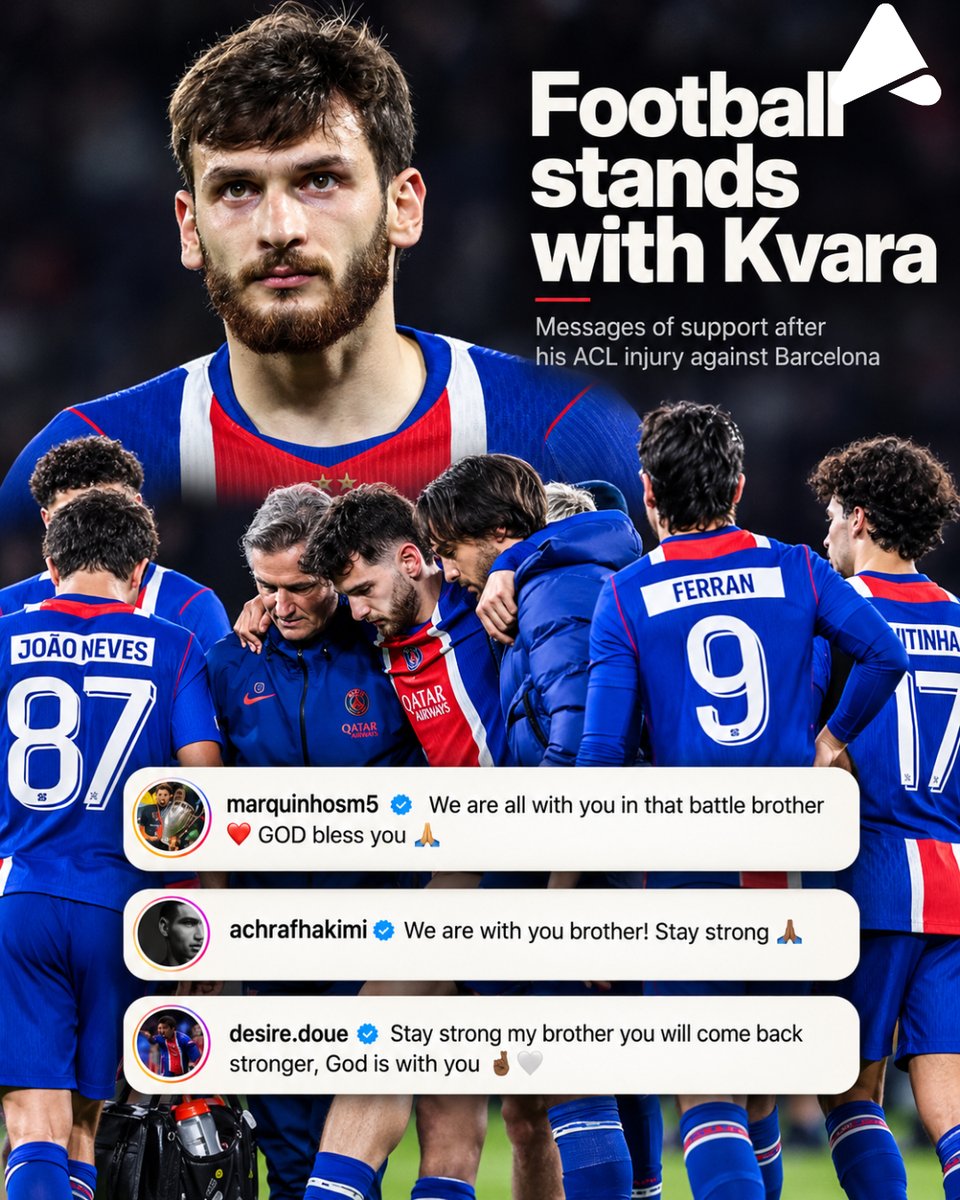 ACTXIONAPP's tweet photo. A heartbreaking setback for Kvara. 💔

After his ACL injury against Barcelona, the messages from his teammates show how much he means to them.

Wishing him strength through surgery and recovery. Football will be waiting for you. ❤️ https://t.co/VBahA0uoku