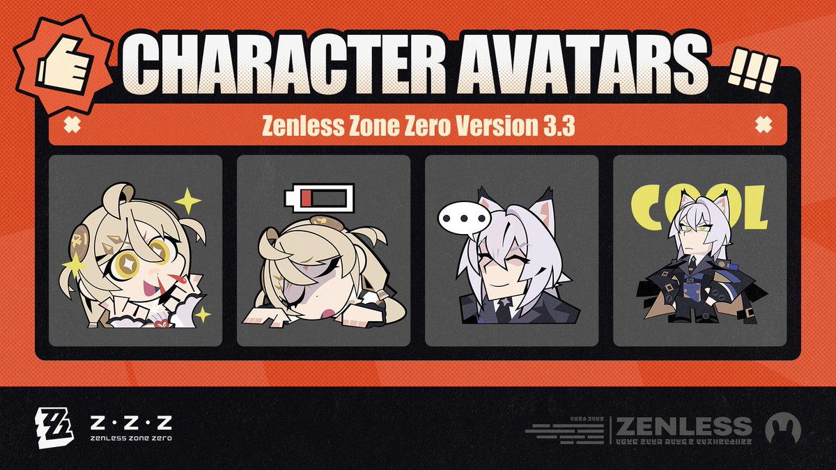 ZZZ_EN's tweet photo. Zenless Zone Zero Version 3.3 Character Avatars

Thank you for supporting Version 3.3 "Journey to the Sky," Proxies!
Phoenix &amp; Severian's avatars are now available. Feel free to give them a try~

▼ Download
https://t.co/AeZcdhUHVr

#zzzero #zenlesszonezero https://t.co/aWyFQB6koz