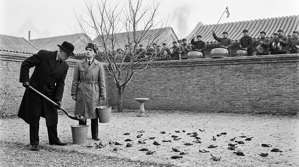 tkapler's tweet photo. Čína vyhlásila válku vrabcům. Výsledek: největší hladomor v dějinách.

V prosinci 1958 se v zahradě polské ambasády v Pekinu odehrála scéna zachycená na této fotografii, která působila jako absurdní divadlo. Diplomaté odmítli vpustit skupiny lidí, jejichž úkolem bylo zabíjet vrabce. Číňané proto areál obklíčili bubeníky a bubnovali dva dny v kuse. Ptáci, kteří se do zahrady uchýlili jako na poslední místo v hlavním městě, kde ještě zpívali, postupně padali mrtví vyčerpáním. Polští diplomaté je pak odklízeli lopatami.

Tak důkladná byla kampaň „Čtyři škůdci“.

### Plán, který na papíře dával smysl

Mao Ce-tung v rámci Velkého skoku vpřed (1958) rozhodl, že Čína musí zlikvidovat čtyři „škůdce“: krysy, mouchy, komáry a vrabce. Vrabce proto, že podle úředních výpočtů jeden pták sežere zhruba 4,5 kg obilí ročně. Každý zabitý milion vrabců měl znamenat jídlo pro desítky tisíc lidí.

Celá země se mobilizovala. Děti dostávaly praky a odměny za každého ptáka. Lidé ničili hnízda, rozbíjeli vejce a zabíjeli mláďata. Nejúčinnější metodou však bylo nenechat ptáky dosednout. Miliony lidí bily na pánve, gongy a bubny od rána do večera. Vrabci nemohou dlouho létat bez odpočinku – padali mrtví z nebe.

Oficiální čísla hovořila o stovkách milionů až zhruba dvou miliardách zabitých vrabců během dvou let. V Pekingu se v dubnu 1958 na tři dny zapojily tři miliony lidí. Výsledek: přes 400 tisíc mrtvých ptáků.

### Vědci, které nikdo nechtěl slyšet

Ne všichni s kampaní souhlasili. Biolog Zhu Xi a další vědci upozorňovali, že vrabec sice v zimě bere nějaké zrní, ale v období hnízdění krmí mláďata téměř výhradně hmyzem. Ornitolog Tso-hsin Cheng (Zheng Zuoxin) rozpitvával mrtvé vrabce a počítal obsah jejich žaludků. Důkazy byly jasné: ptáci byli spíše užiteční než škodliví.

Mao a stranický aparát je ignorovali. Měli číslo, kolik zrní vrabec sežere. Neměli – nebo nechtěli – číslo, kolik hmyzu zlikviduje.

### Co se stalo potom

V roce 1959 dorazili škůdci. Kobylky, obaleči a další hmyz, který vrabci drželi na uzdě, se přemnožil. Úrody rýže a pšenice klesly nejvíce právě v oblastech, kde bylo vrabců nejvíce. Stát přesto vybíral kvóty podle nadsazených výkazů. Vesnicím zbylo málo.

Následoval Velký čínský hladomor (1959–1961). Odhady počtu mrtvých se pohybují mezi 15 a 45 miliony (někdy i výše). Jde o největší hladomor v lidské historii. Nedávná studie (NBER, 2025) spočítala, že samotná likvidace vrabců způsobila zhruba 20 % propadu úrody a přímo přispěla ke zhruba dvěma milionům úmrtí a dalším 400 tisícům nenarozených dětí.

V roce 1960 Mao kampaň proti vrabcům zastavil a místo nich zařadil na seznam štěnice. Bylo pozdě. Vrabci byli v Číně téměř vyhubeni. Stát pak podle zpráv dovezl zhruba 250 000 vrabců ze Sovětského svazu, aby populaci obnovil.

### Frederick Veliký to zkusil o dvě století dříve

Podobnou chybu udělal už pruský král Frederick II. Veliký v 18. století. Vydal edikty, podle kterých museli poddaní dodávat hlavy vrabců. Když ptáci zmizeli, housenky sežraly sady. Král pak musel vrabce dovážet zpět ze sousedních zemí. Příběh byl v knihovnách. Čínští úředníci ho ignorovali.

### Co z toho plyne

Kampaň proti vrabcům nebyla hlavní příčinou hladomoru (kolektivizace, špatné počasí a politické chyby hrály větší roli), byla však významným a zbytečným přispěvatelem. Ukázala, co se stane, když se rozhoduje podle jednoho čísla a ignoruje se zbytek ekosystému.

Vrabec váží zhruba 25 gramů. Jeho likvidace pomohla zabít miliony lidí. Zvíře, které dělá neviditelnou práci, se na úředním papíře často jeví jen jako náklad. Až do chvíle, kdy ho odeberete.