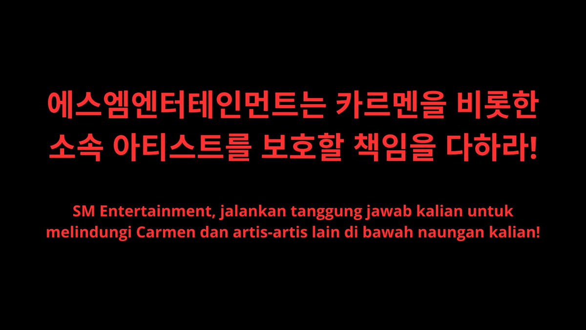 VOORCARMEN's tweet photo. TRUCK TUNTUTAN

Truck yang akan kami kirimkan merupakan bentuk tuntutan kepada SM Entertainment agar segera mengambil langkah tegas untuk melindungi Carmen dari berbagai serangan, fitnah, dan tuduhan yang terus menyasar dirinya.

Berikut adalah poin-poin tuntutan yang kami sampaikan kepada SM Entertainment:

Truck tuntutan bermuatan 3,5 ton yang diinisiasi oleh fanbase Indonesia akan beroperasi pada 27–28 Oktober 2026, berlokasi di depan gedung SM Entertainment.

Kami berharap SM Entertainment tidak mengabaikan situasi ini dan segera mengambil tindakan nyata untuk melindungi Carmen serta memastikan dirinya mendapatkan perlindungan yang semestinya.