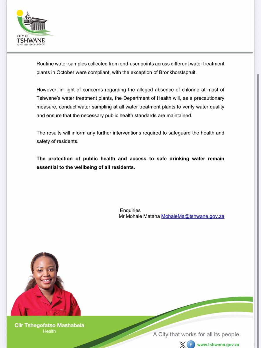 Ngwana_Badimu's tweet photo. ♦️MEDIA STATEMENT♦️

TSHWANE HEALTH DEPARTMENT ALERT FOLLOWING MICROBIOLOGICAL
FAILURES IN THE FINDLAY RESERVOIR WATER SUPPLY IN THE CBD.

#EFFInGovernment https://t.co/fPQjXF0qIx