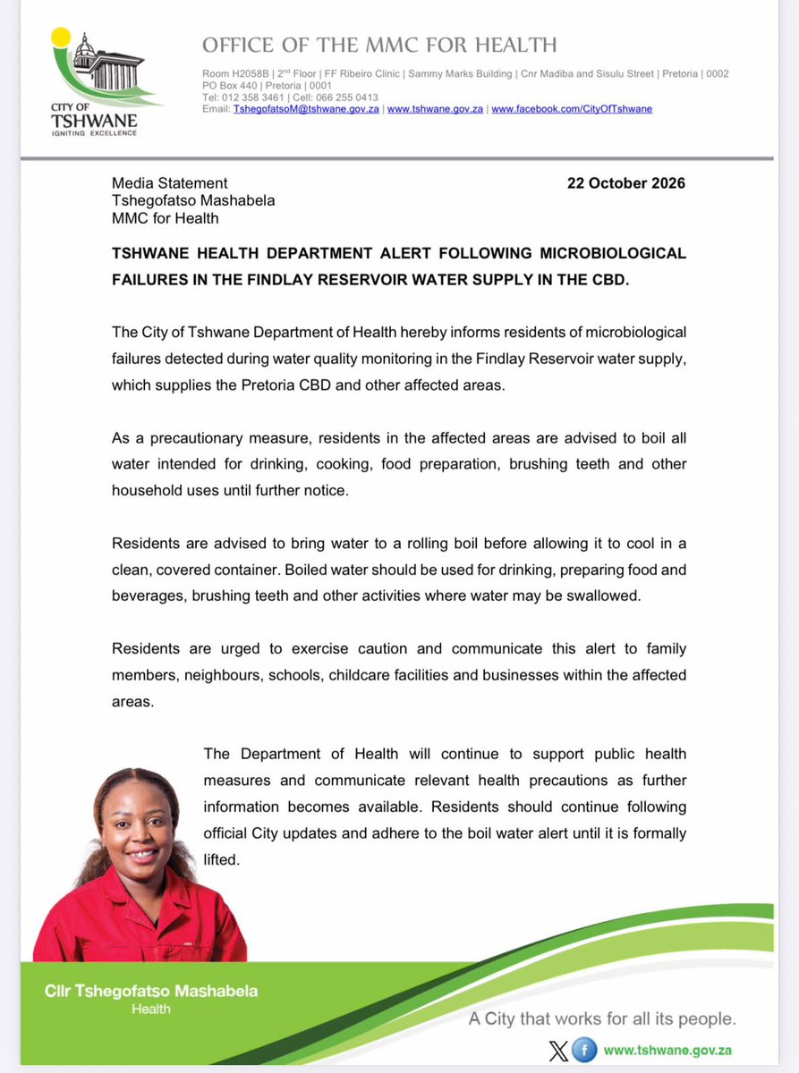 Ngwana_Badimu's tweet photo. ♦️MEDIA STATEMENT♦️

TSHWANE HEALTH DEPARTMENT ALERT FOLLOWING MICROBIOLOGICAL
FAILURES IN THE FINDLAY RESERVOIR WATER SUPPLY IN THE CBD.

#EFFInGovernment https://t.co/fPQjXF0qIx