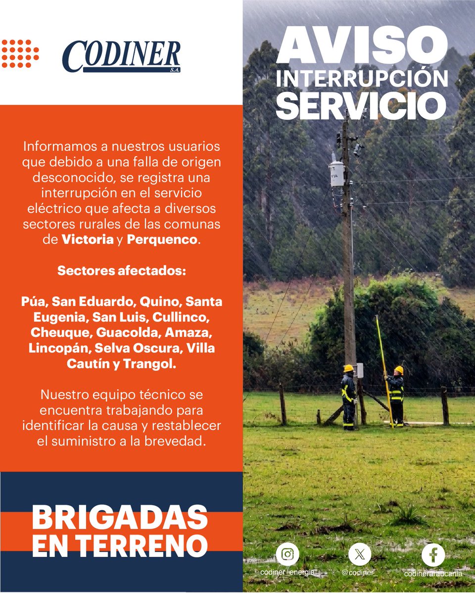 Codiner_'s tweet photo. 🚨 AVISO DE CORTE DE SUMINISTRO ELÉCTRICO 🚨

Informamos a nuestros usuarios que registramos una interrupción imprevista del servicio eléctrico en sectores rurales de las comunas de Victoria y Perquenco. https://t.co/N94eLrFMyk