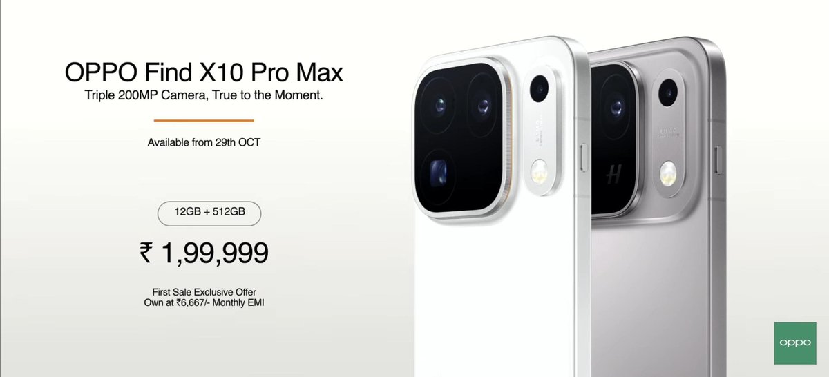 encoword's tweet photo. OPPO Find X10 Series launched in India alongwith OPPO Pad Mini and OPPO Enco X4 👀

▶️ OPPO Find X10 Pro Max 
Pricing :
12/512 GB = ₹ 199,999
Specs :
➡️ 6.78" 1.5K 144 Hz LTPO BT.2020 10 but OLED display 
➡️ Mediatek Dimensity 9600 Pro
➡️ 8000 mAh + 80 W wired + 50 W wireless
➡️ 200 MP 1/1.3" HPC Main + 200 MP 1/1.56" HP5 UW + 200 MP 1/1.56" HP5 3X Periscope ~ 10 cm telemacro
➡️ 50 MP JN5 Selfie
➡️ IP69, Ultrasonic FPS, IR blaster, NFC, Snap key
➡️ ColorOS 17

▶️ OPPO Find X10
Pricing :
➡️ 12/256 GB = ₹ 139,999
➡️ 12/512 GB = ₹ 169,999
Specs :
➡️ 6.59" 1.5K LTPO BT.2020 10 bit OLED display
➡️ Mediatek Dimensity 9600M
➡️ 8000 mAh + 80 W wired + 50 W wireless
➡️ 200 MP 1/1.4" HPE Main + 50 W 1/2.75" JN5 UW + 200 MP 1/1.56" HP5 2.7X Periscope ~ 25 cm mfd
➡️ 50 MP JN5 Selfie
➡️ IP69, Ultrasonic FPS, NFC, IR blaster, Snap Key
➡️ ColorOS 17

▶️ OPPO Pad Mini
Pricing : ₹ 94,999

▶️ OPPO Enco X4
Pricing : ₹ 19,999
Colors :
➡️ Aurora Violet
➡️ Glacier White