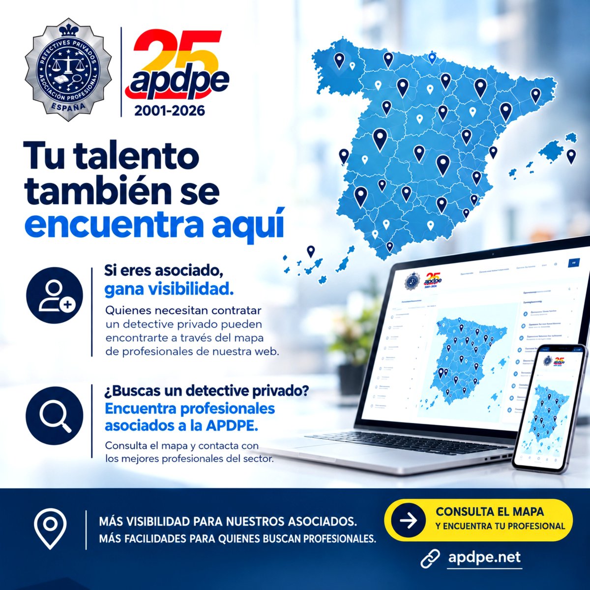 APDPE's tweet photo. 📍¡ Haz que te encuentren! 

Si eres detective privado asociado a la #APDPE, gana visibilidad en el mapa de profesionales

🔎 ¿Buscas un detective privado? Encuentra profesionales asociados en 🌐 https://t.co/E3ugVqHy2x

#DetectivesPrivados #InvestigaciónPrivada #AsociadosApdpe https://t.co/PT3AWmP87D